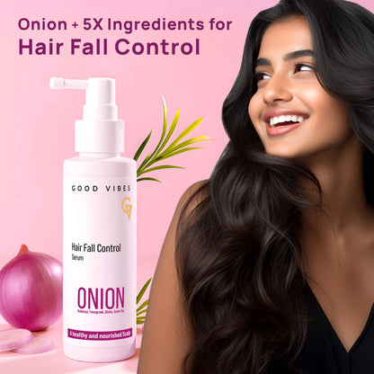 Good Vibes Onion Hair Fall Control Serum with 5X Actives | Onion, 0.5% Redensyl, Biotin, Fenugreek & Green Tea| Lightweight & Non-Sticky | Strengthens Roots | Promotes Hair Growth | Visible Growth in 3 Months | Best Results with Daily - 50 ml - Good Vibes