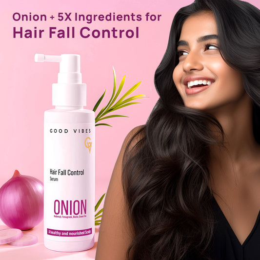 Good Vibes Onion Hair Fall Control Serum with 5X Actives | Onion, 0.5% Redensyl, Biotin, Fenugreek & Green Tea| Lightweight & Non-Sticky | Strengthens Roots | Promotes Hair Growth | Visible Growth in 3 Months | Best Results with Daily - 50 ml - Good Vibes