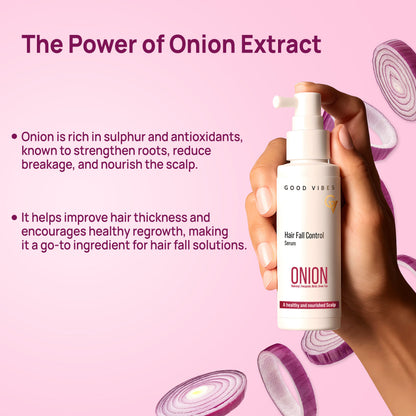 Good Vibes Onion Hair Fall Control Serum with 5X Actives | Onion, 0.5% Redensyl, Biotin, Fenugreek & Green Tea| Lightweight & Non-Sticky | Strengthens Roots | Promotes Hair Growth | Visible Growth in 3 Months | Best Results with Daily - 50 ml - Good Vibes image 2