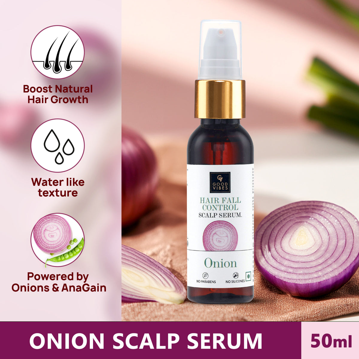 Good Vibes Hair Fall Control Onion Scalp Serum | Onion Extracts | Pea Sprout Extracts | Healthy Hair Growth | Hair Nourishment | Enhances volume | All hair Types - 50 ml - Good Vibes