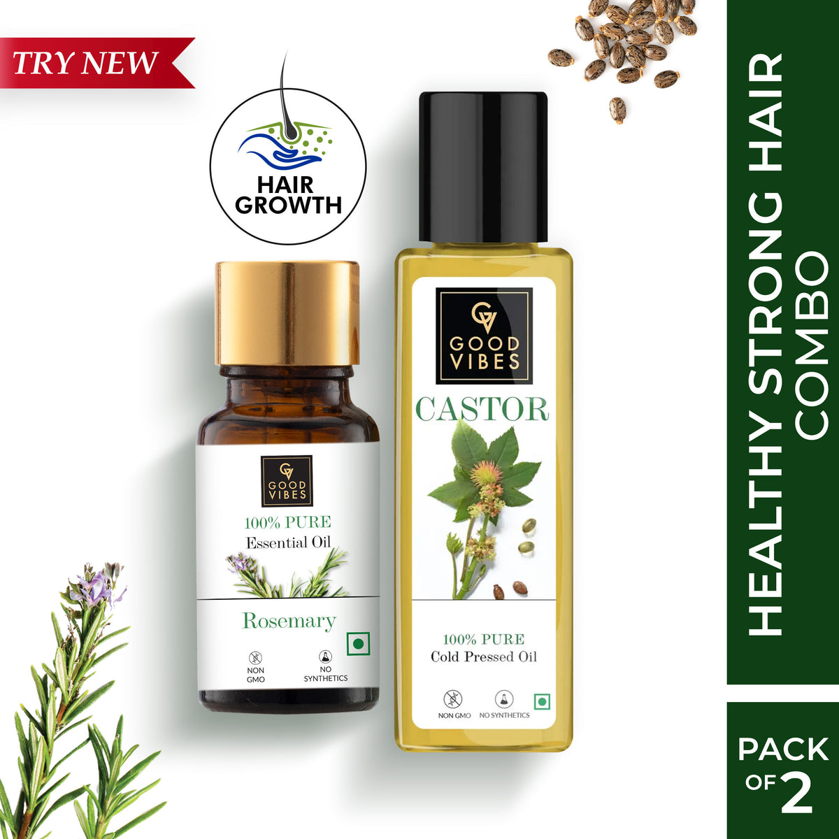 Good Vibes Hair Strengthening Duo, Rosemary Oil + Castor Carrier Oil (Hair Growth Combo) Combo of 2 - Good Vibes