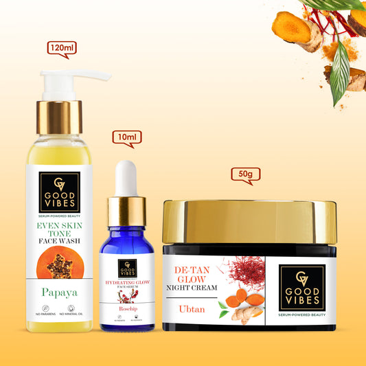 Good Vibes Hydrating Night Care Routine | Papaya Brightening Face Wash (120 ml) + Rosehip Hydrating Glow Face Serum (10 ml) + Ubtan De-Tan Glow Night Cream (50 gm) - Good Vibes image 2