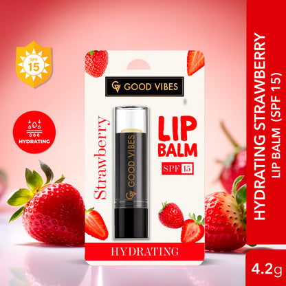 Good Vibes Strawberry Hydrating Lip Balm with SPF 15 | For Dry & Chapped lips | Hydrates Lips in One Use | Vegan, No Parabens, No Sulphates, No Mineral Oil, No Animal Testing, No Silicones (4.2 gm) - Good Vibes