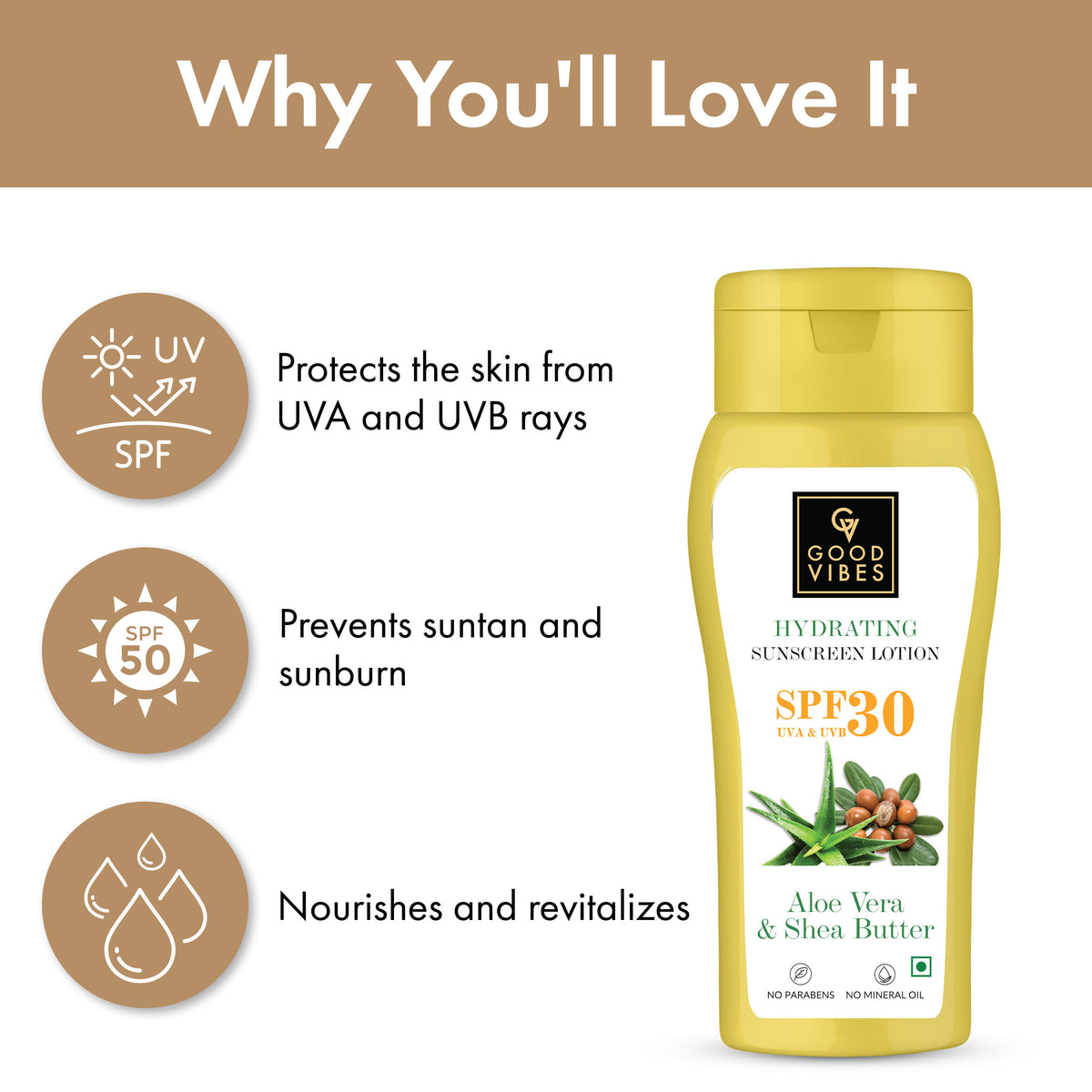 Good Vibes Aloe Vera & Shea Butter Hydrating Sunscreen Lotion SPF 30, Skin Moisturizing | Vegan, No Parabens, No Mineral Oil, No Silicones (110 ml) - Good Vibes image 4