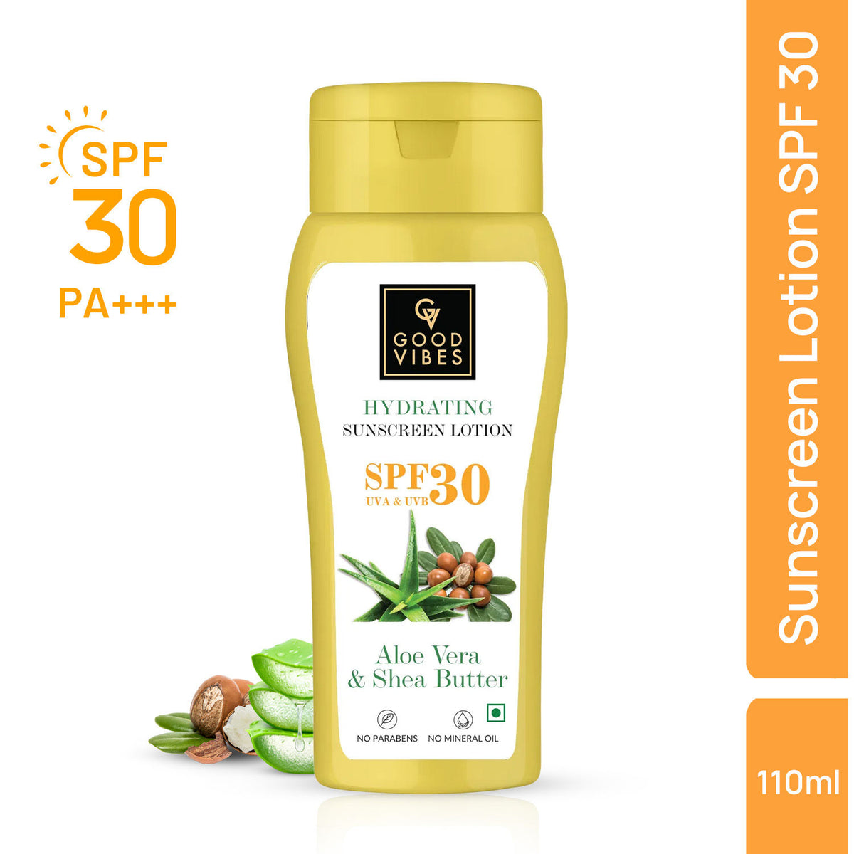 Good Vibes Aloe Vera & Shea Butter Hydrating Sunscreen Lotion SPF 30, Skin Moisturizing | Vegan, No Parabens, No Mineral Oil, No Silicones (110 ml) - Good Vibes