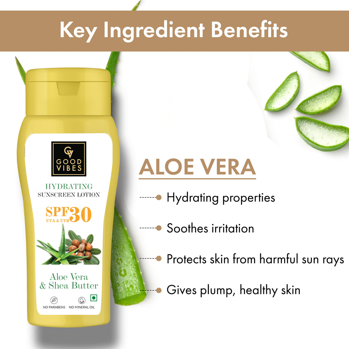 Good Vibes Aloe Vera & Shea Butter Hydrating Sunscreen Lotion SPF 30, Skin Moisturizing | Vegan, No Parabens, No Mineral Oil, No Silicones (110 ml) - Good Vibes image 2