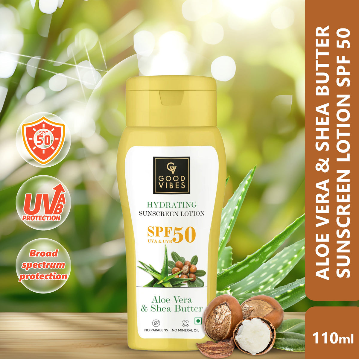 Good Vibes Aloe Vera & Shea Butter Hydrating Sunscreen Lotion SPF 50, Skin Moisturizing | Vegan, No Parabens, No Mineral Oil, No Silicones (110 ml) - Good Vibes