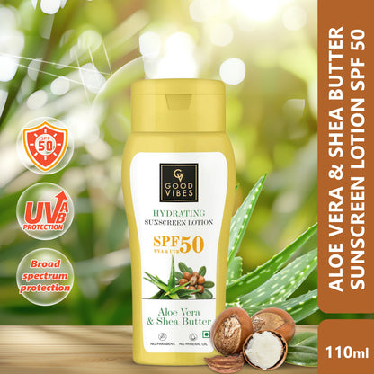 Good Vibes Aloe Vera & Shea Butter Hydrating Sunscreen Lotion SPF 50, Skin Moisturizing | Vegan, No Parabens, No Mineral Oil, No Silicones (110 ml) - Good Vibes