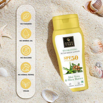 Good Vibes Aloe Vera & Shea Butter Hydrating Sunscreen Lotion SPF 50, Skin Moisturizing | Vegan, No Parabens, No Mineral Oil, No Silicones (110 ml) - Good Vibes image 4