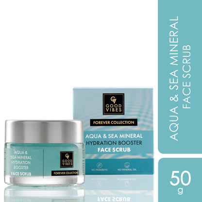 Good Vibes Aqua & Sea Mineral Hydration Booster Face Scrub | Forever Collection | Suitable For All Skin Types | 4X Hydra Booster, Removes Blackheads | Vegan, No Parabens, No Sulphates, No Mineral Oil, No Silicones, No Animal Testing (50 gm) - Good Vibes