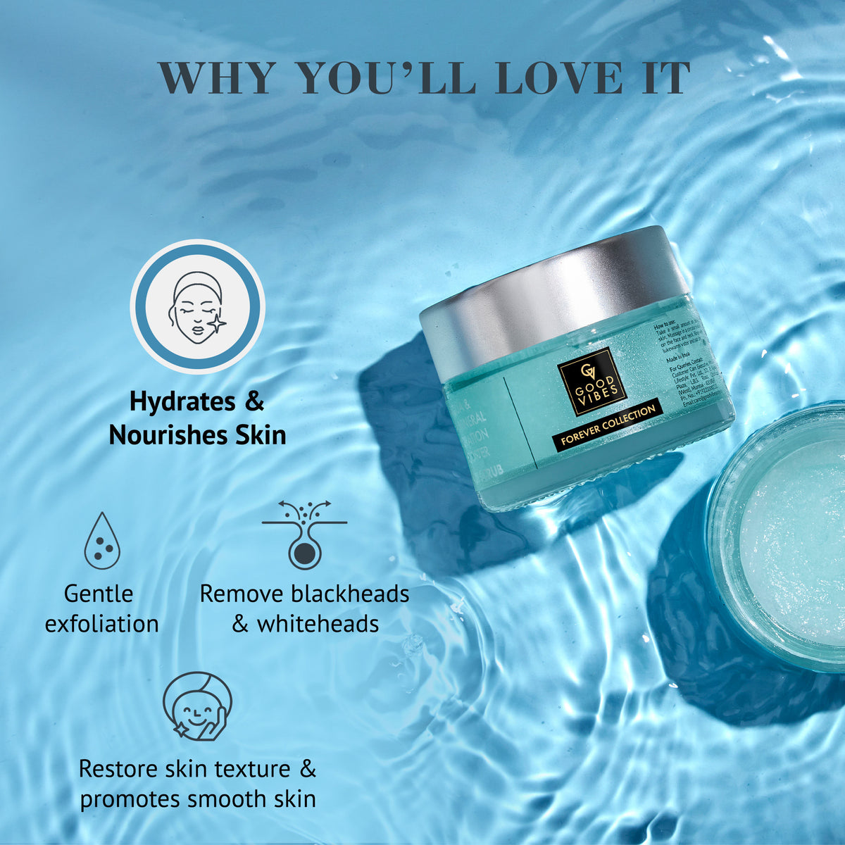 Good Vibes Aqua & Sea Mineral Hydration Booster Face Scrub | Forever Collection | Suitable For All Skin Types | 4X Hydra Booster, Removes Blackheads | Vegan, No Parabens, No Sulphates, No Mineral Oil, No Silicones, No Animal Testing (50 gm) - Good Vibes image 2