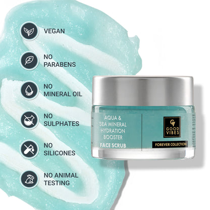 Good Vibes Aqua & Sea Mineral Hydration Booster Face Scrub | Forever Collection | Suitable For All Skin Types | 4X Hydra Booster, Removes Blackheads | Vegan, No Parabens, No Sulphates, No Mineral Oil, No Silicones, No Animal Testing (50 gm) - Good Vibes image 5