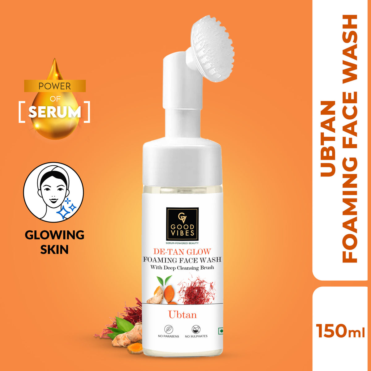 Good Vibes De-Tan Glow Ubtan Foaming Face Wash With Power Of Serum & Deep Cleansing Brush | Tan Removal Brightening Cleansing | Gentle Face Wash (150 ml) - Good Vibes