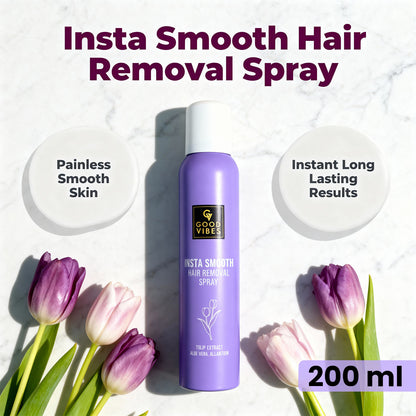 Good Vibes Insta Smooth Hair Removal Spray | 5 Min Painless Hair Removal | Enriched with Tulip Extract, Aloe Vera & Allantoin | Gentle on Skin, Removes Hair from Root | Body | No Darkening, No Cuts | Smooth, Soft & Nourished Skin 200 ml - Good Vibes