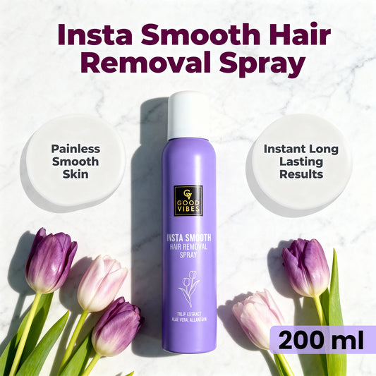 Good Vibes Insta Smooth Hair Removal Spray | 5 Min Painless Hair Removal | Enriched with Tulip Extract, Aloe Vera & Allantoin | Gentle on Skin, Removes Hair from Root | Body | No Darkening, No Cuts | Smooth, Soft & Nourished Skin 200 ml - Good Vibes