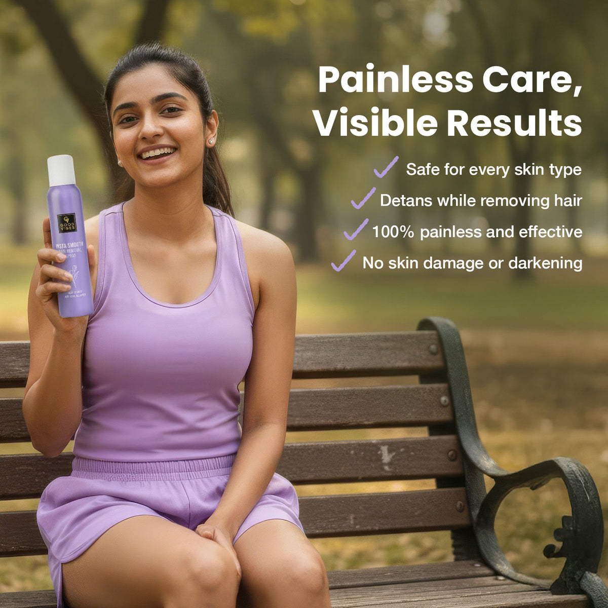 Good Vibes Insta Smooth Hair Removal Spray | 5 Min Painless Hair Removal | Enriched with Tulip Extract, Aloe Vera & Allantoin | Gentle on Skin, Removes Hair from Root | Body | No Darkening, No Cuts | Smooth, Soft & Nourished Skin 200 ml - Good Vibes image 3