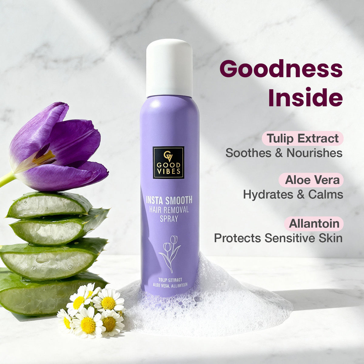 Good Vibes Insta Smooth Hair Removal Spray | 5 Min Painless Hair Removal | Enriched with Tulip Extract, Aloe Vera & Allantoin | Gentle on Skin, Removes Hair from Root | Body | No Darkening, No Cuts | Smooth, Soft & Nourished Skin 200 ml - Good Vibes image 4