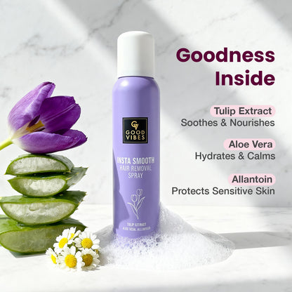 Good Vibes Insta Smooth Hair Removal Spray | 5 Min Painless Hair Removal | Enriched with Tulip Extract, Aloe Vera & Allantoin | Gentle on Skin, Removes Hair from Root | Body | No Darkening, No Cuts | Smooth, Soft & Nourished Skin 200 ml - Good Vibes image 4