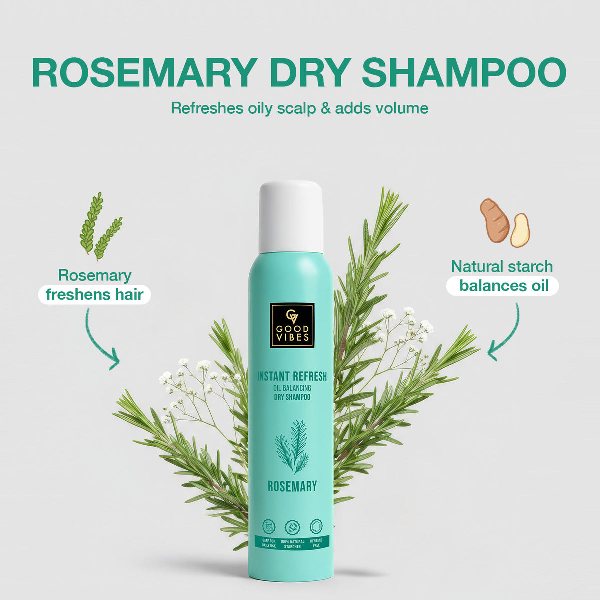Good Vibes Instant Refresh Rosemary Oil Balancing Dry Shampoo | 100% Natural Starch Blend for Instant Oil Absorption | Refreshes Oily Scalp & Greasy Roots | Adds Volume & Freshness | No White Residue | Perfect for On-the-Go Hair – 200 ml - Good Vibes