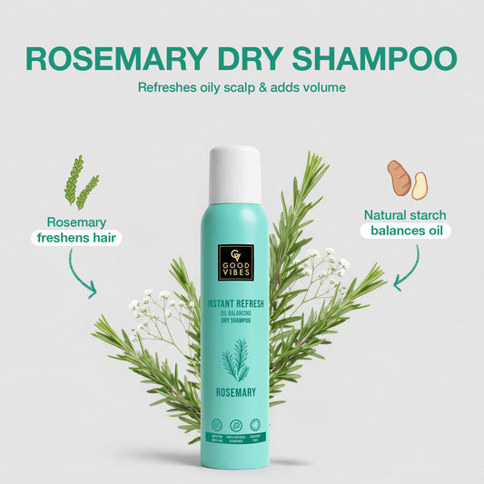 Good Vibes Instant Refresh Rosemary Oil Balancing Dry Shampoo | 100% Natural Starch Blend for Instant Oil Absorption | Refreshes Oily Scalp & Greasy Roots | Adds Volume & Freshness | No White Residue | Perfect for On-the-Go Hair – 200 ml - Good Vibes