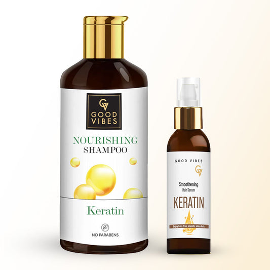 Good Vibes Keratin Hair Repair and Shine Combo (Keratin Nourishing Shampoo-300 ml + Keratin Smoothening Hair Serum-50 ml) Combo of 2 - Good Vibes