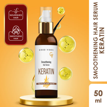 Good Vibes Keratin Smoothening Hair Serum with Keratin & Almond Oil | Reduces Frizz & Smoothens Hair | Adds Shine & Softness | Nourishing & Lightweight Formula | For Frizz-Free, Silky Hair – 50 ml - Good Vibes