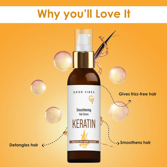 Good Vibes Keratin Smoothening Hair Serum with Keratin & Almond Oil | Reduces Frizz & Smoothens Hair | Adds Shine & Softness | Nourishing & Lightweight Formula | For Frizz-Free, Silky Hair – 50 ml - Good Vibes image 2