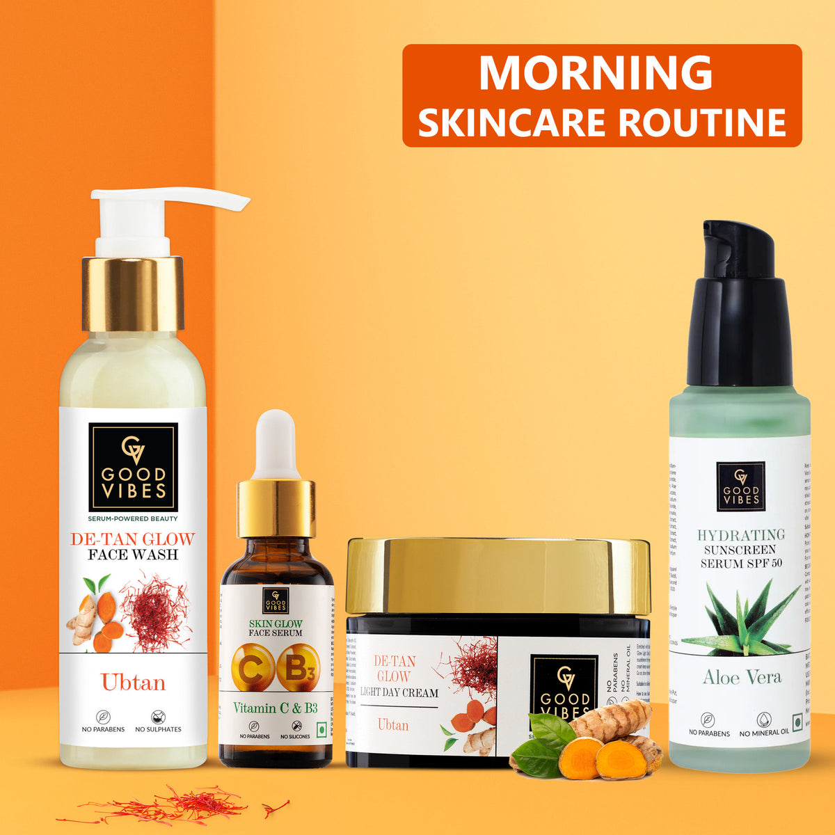 Good Vibes Morning CSMS Routine | Ubtan De Tan Glow Face Wash (120 ml) + Vitamin C & B3 (Niacinamide) Skin Glow Face Serum (10 ml) + Ubtan De-tan Glow Light Day Cream (50 gm) + Aloe Vera Hydrating Sunscreen Serum SPF50 (45 ml) Combo of 4 - Good Vibes