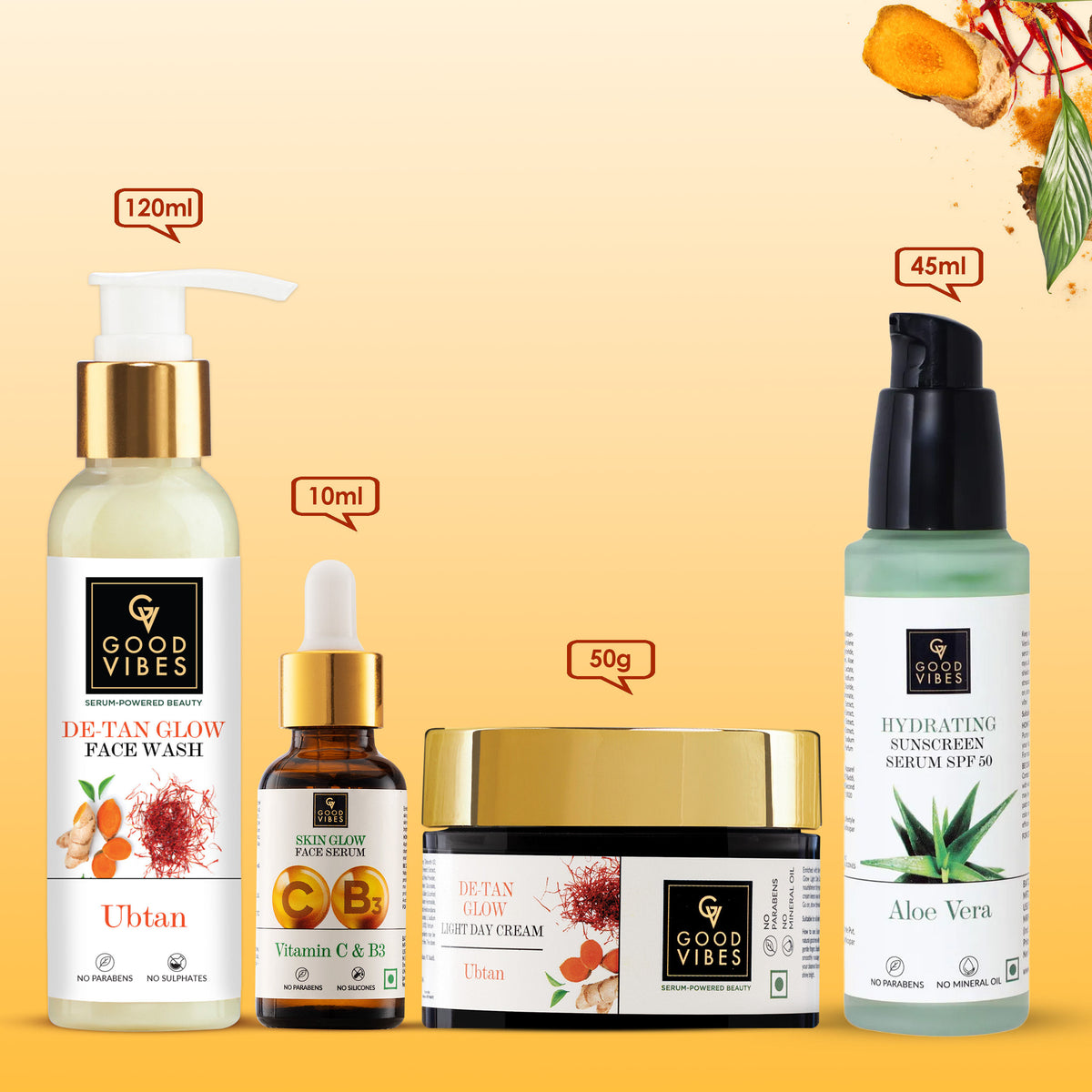 Good Vibes Morning CSMS Routine | Ubtan De Tan Glow Face Wash (120 ml) + Vitamin C & B3 (Niacinamide) Skin Glow Face Serum (10 ml) + Ubtan De-tan Glow Light Day Cream (50 gm) + Aloe Vera Hydrating Sunscreen Serum SPF50 (45 ml) Combo of 4 - Good Vibes image 2