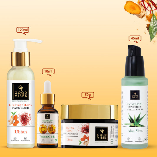 Good Vibes Morning CSMS Routine | Ubtan De Tan Glow Face Wash (120 ml) + Vitamin C & B3 (Niacinamide) Skin Glow Face Serum (10 ml) + Ubtan De-tan Glow Light Day Cream (50 gm) + Aloe Vera Hydrating Sunscreen Serum SPF50 (45 ml) Combo of 4 - Good Vibes image 2