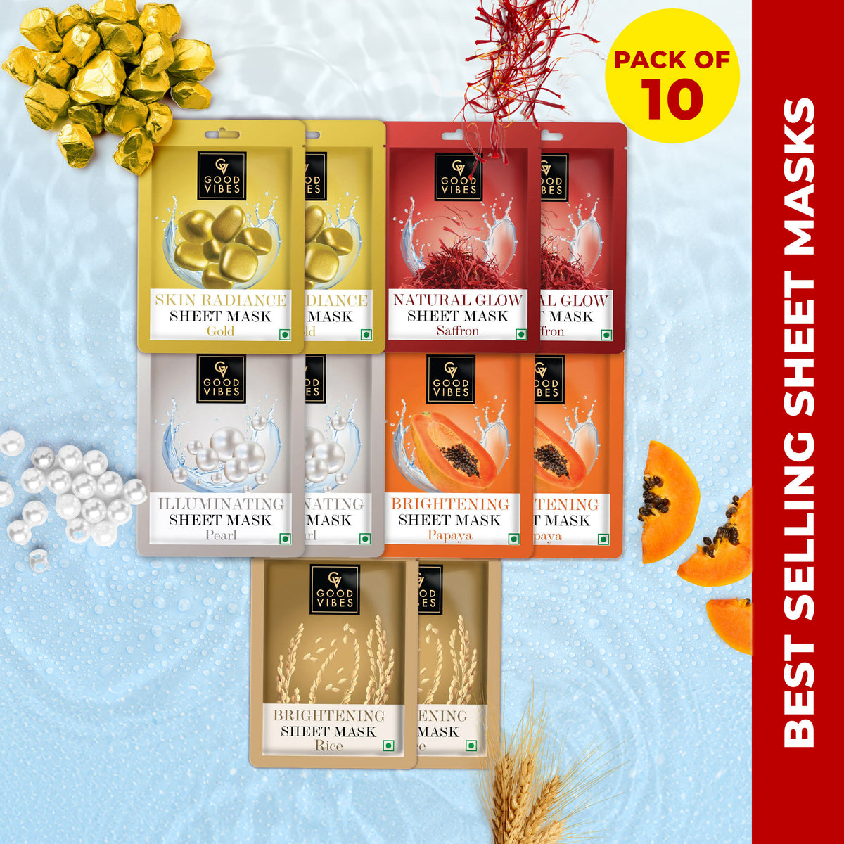 Good Vibes Natural Glow Sheet Mask Pack of 10 (2 each Saffron Glow + Illuminating Pearl + Skin Radiance Gold + Rice Brightenting + Hydrating Papaya) (20g x 10) - Good Vibes