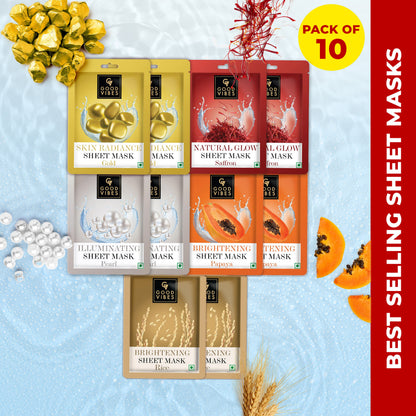 Good Vibes Natural Glow Sheet Mask Pack of 10 (2 each Saffron Glow + Illuminating Pearl + Skin Radiance Gold + Rice Brightenting + Hydrating Papaya) (20g x 10) - Good Vibes