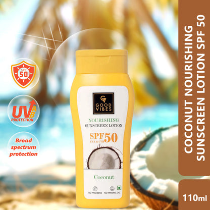 Good Vibes Coconut Nourishing Body Lotion with SPF 50, Lime & Rosemary Leaf Oil | Body Sunscreen | Vegan | No Parabens, No Mineral Oil, No Silicones (110 ml) - Good Vibes