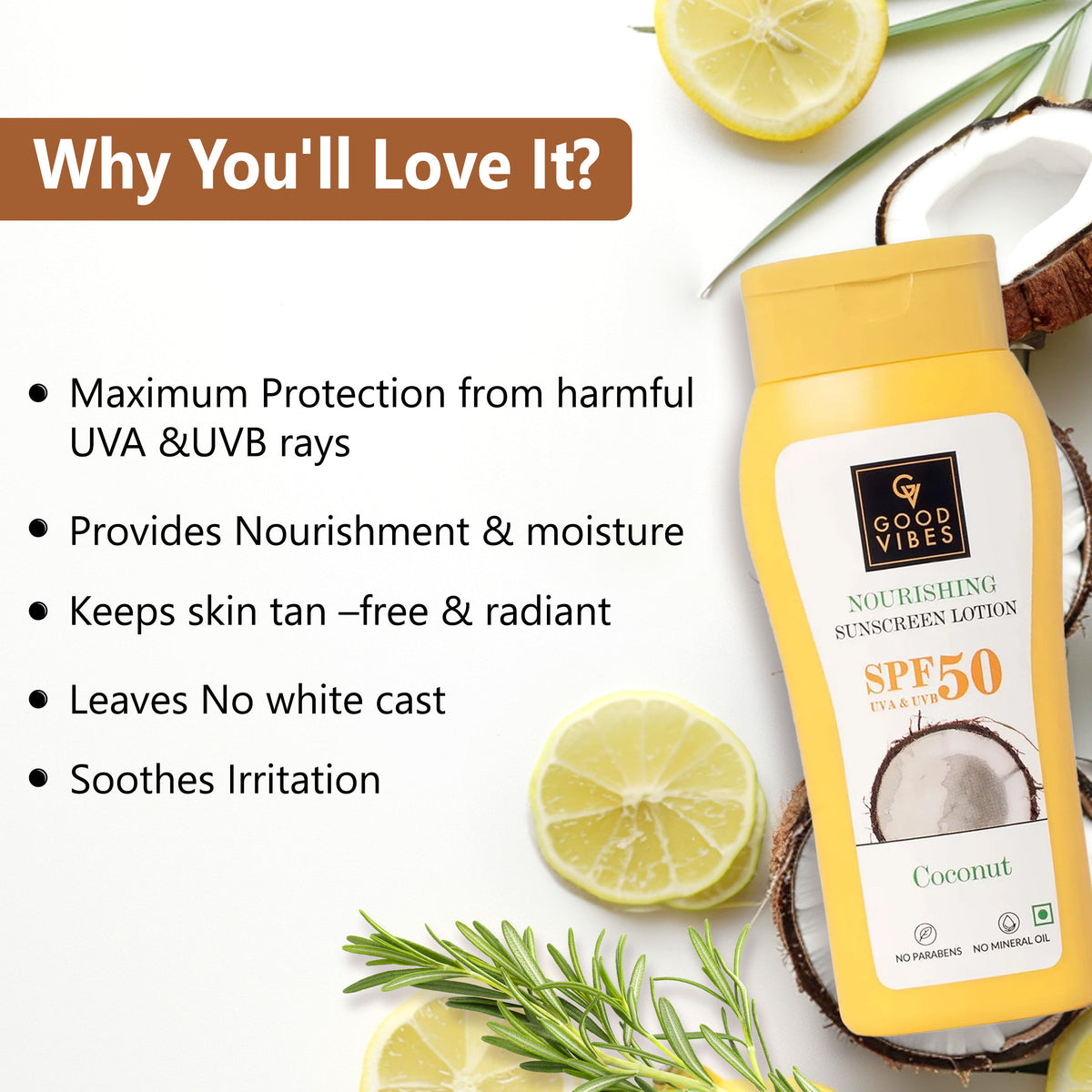 Good Vibes Coconut Nourishing Body Lotion with SPF 50, Lime & Rosemary Leaf Oil | Body Sunscreen | Vegan | No Parabens, No Mineral Oil, No Silicones (110 ml) - Good Vibes image 3