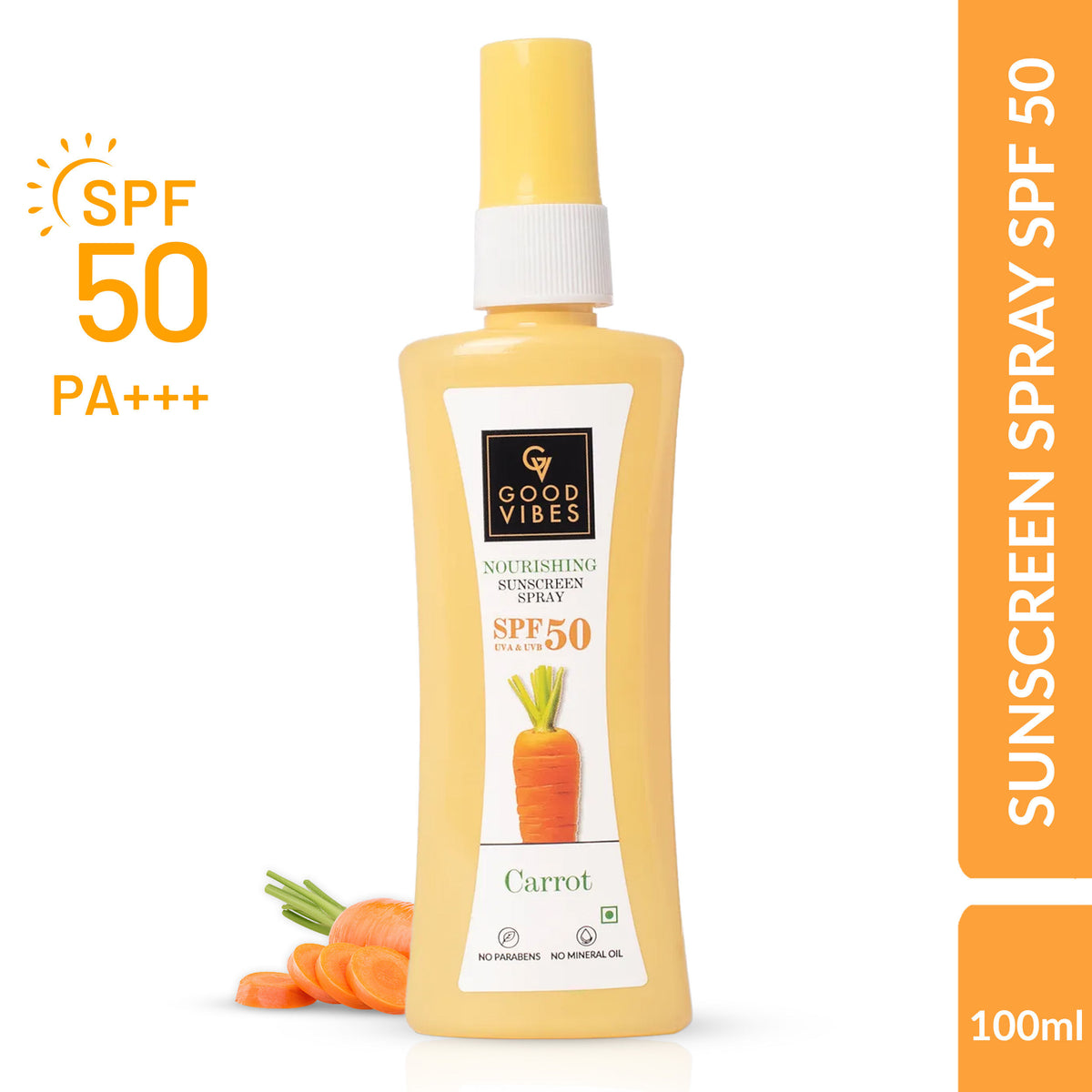 Good Vibes Carrot Nourishing Sunscreen Spray SPF 50 | Soothing, Hydrating, De-tanning | Vegan, No Parabens, No Mineral Oil, No Silicones (100 ml) - Good Vibes