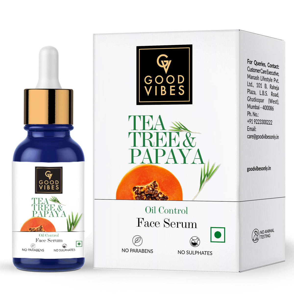 Good Vibes Tea Tree & Papaya Oil Control Face Serum | Even Skin Tone Brightening | With Castor Oil | No Parabens No Sulphates No Mineral Oil (15 ml) - Good Vibes