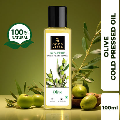 Good Vibes Olive 100% Pure Cold Pressed Carrier Oil For Hair & Skin | Hair Repair, Anti-Ageing | No Parabens, No Animal Testing (100 ml) - Good Vibes