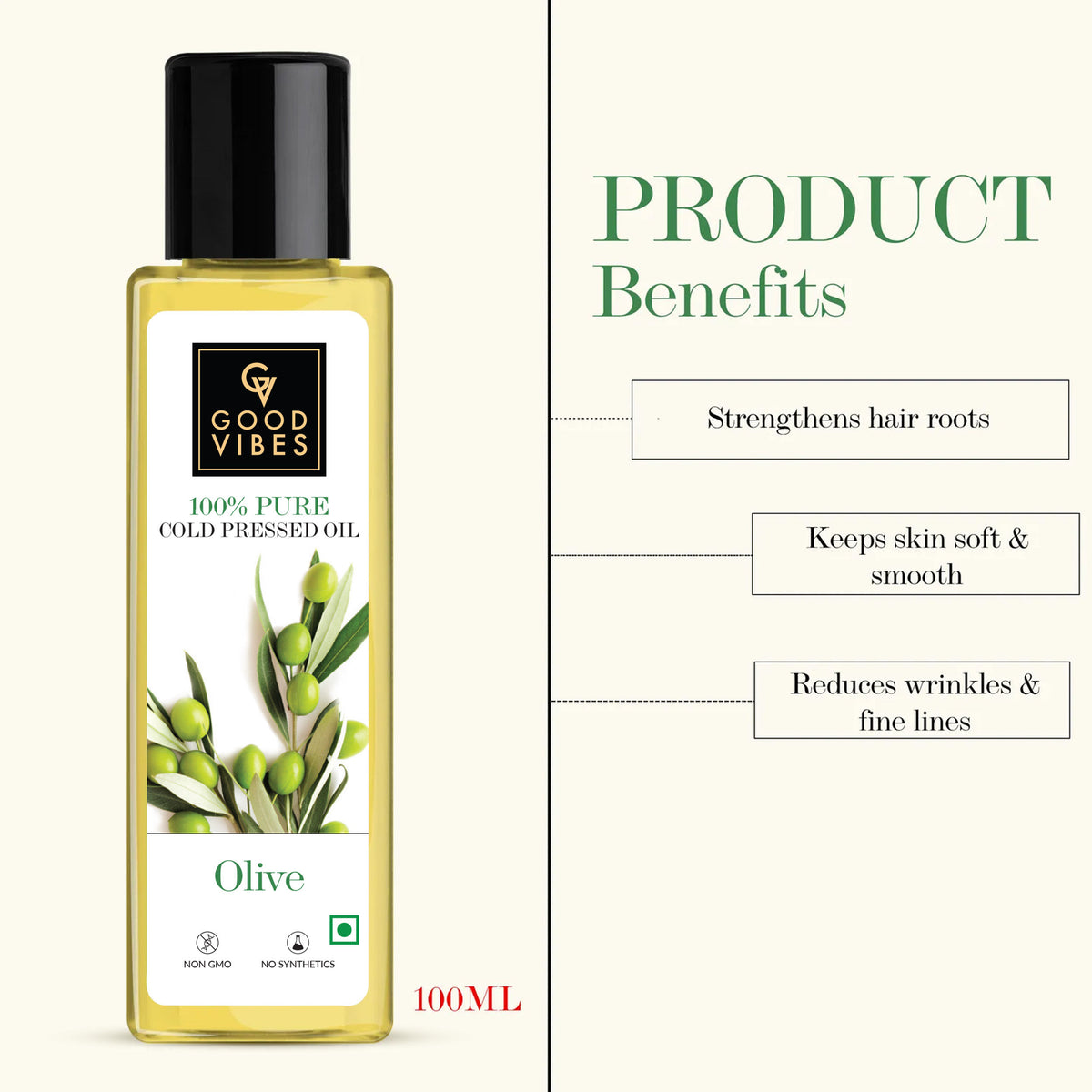 Good Vibes Olive 100% Pure Cold Pressed Carrier Oil For Hair & Skin | Hair Repair, Anti-Ageing | No Parabens, No Animal Testing (100 ml) - Good Vibes image 3