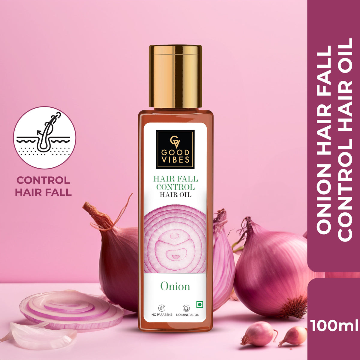 Good Vibes Onion Hairfall Control Oil | Strengthening | Hair Growth | No Parabens, No Sulphates, No Mineral Oil, No Animal Testing (100 ml) - Good Vibes