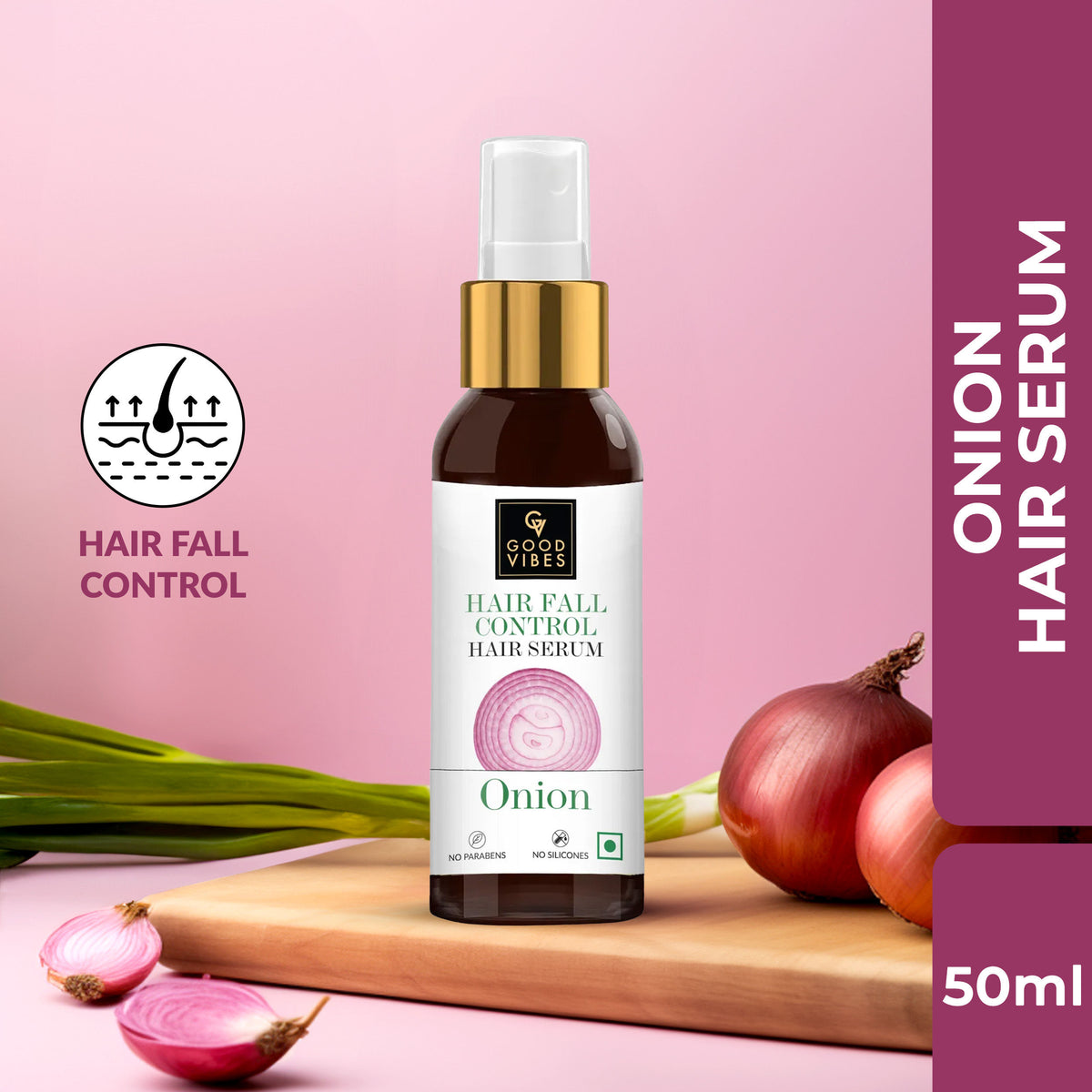 Good Vibes Onion Hair Fall Control Hair Serum | Hair Growth, Strenghtening | No Parabens, No Sulphates, No Animal Testing (50 ml) - Good Vibes