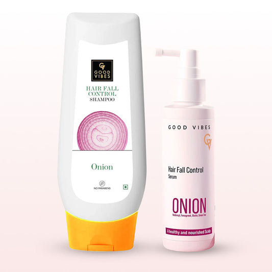 Good Vibes Onion Hairfall Control Duo (Onion Hairfall Control Shampoo-200 ml + Onion Hair Fall Control Serum-50 ml) Combo of 2 - Good Vibes