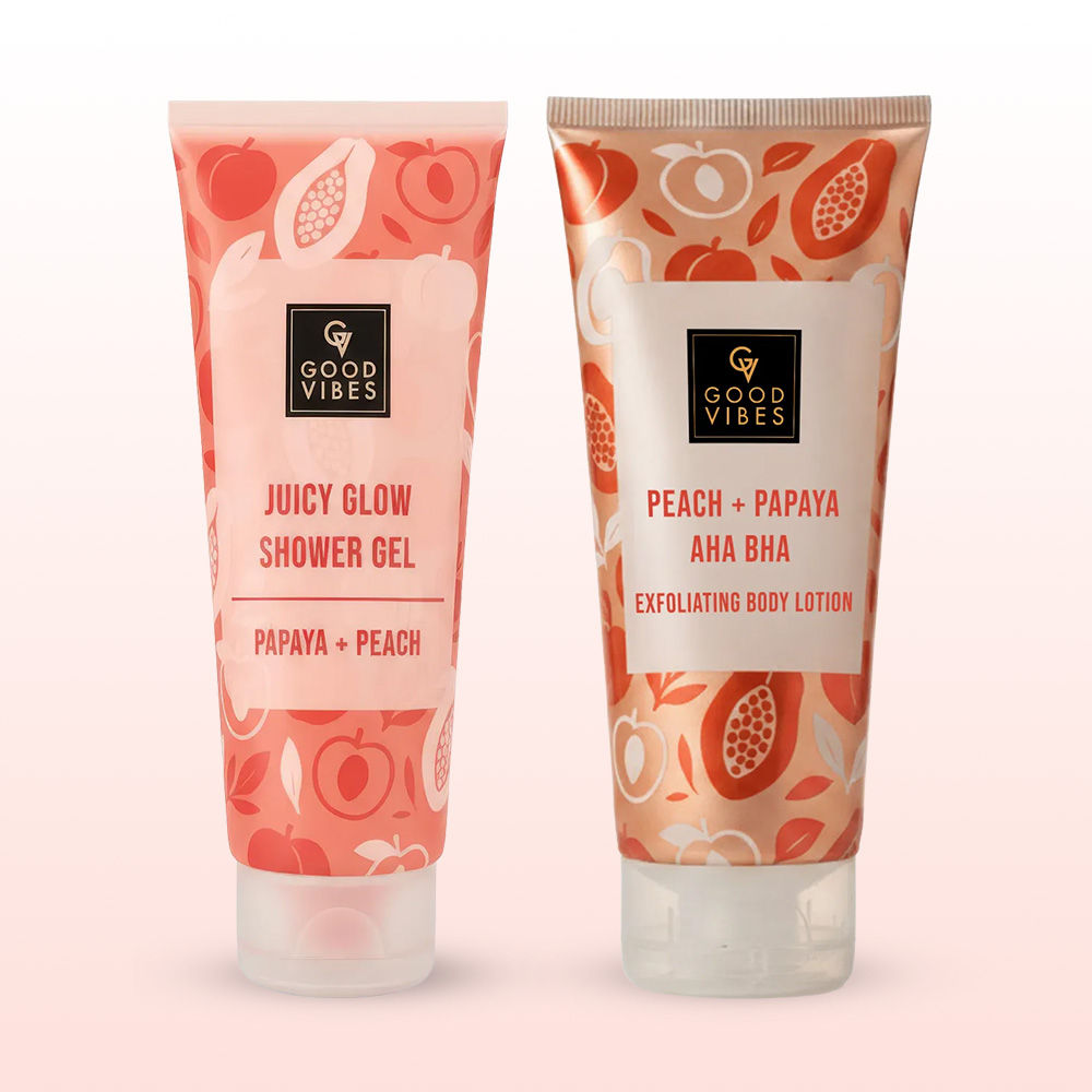 Good Vibes Papaya & Peach Body Care Duo (Papaya & Peach Juicy Glow Shower Gel-200 ml + Papaya + Peaches+ AHA BHA Exfolating Body lotion-200 ml) Combo of 2 - Good Vibes
