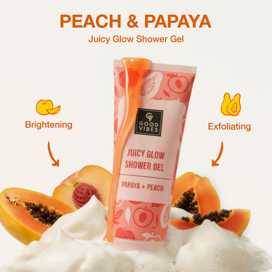 Good Vibes Papaya & Peach Juicy Glow Shower Gel | Brightening & Exfoliating Body Wash | Natural Glow Boost | Gentle Cleansing | Hydrating & Refreshing | Suitable for Everyday Glow Care – 200 ml - Good Vibes