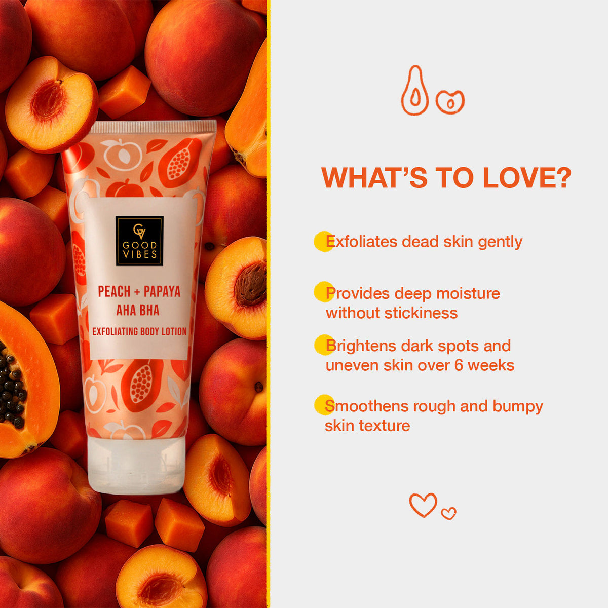 Good Vibes Peach + Papaya AHA BHA Exfoliating Body Lotion | 2 in 1 Nourishing & Exfoliating Care | Powered with Gluta-Hya with Glutathione, Hyaluronic Acid, Fruit Enzymes & AHA-BHA| Brightens Dull Skin | Removes Tan | Daily Exfoliation 200 ml - Good Vibes image 3