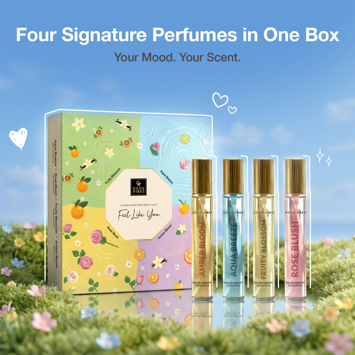 Good Vibes Four Signature Perfumes Gift Set | Aqua Breeze, Rose Blush, Fruity Blossom & Amber Bloom | Long-Lasting Fragrance | For Every Mood & Every Occasion | Travel-Friendly Mini Bottles | Pack of 4 - Good Vibes