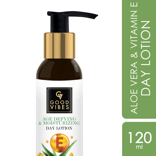 Good Vibes Aloe Vera + Vitamin E Age Defying + Moisturizing Day Face Lotion with Milk Protein | Hydrating | No Parabens, No Sulphates (120 ml) - Good Vibes