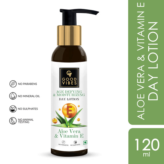 Good Vibes Aloe Vera + Vitamin E Age Defying + Moisturizing Day Face Lotion with Milk Protein | Hydrating | No Parabens, No Sulphates (120 ml) - Good Vibes image 2