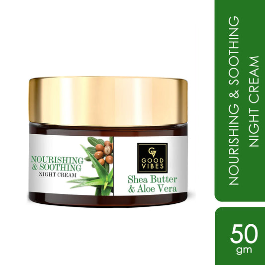Good Vibes Plus Shea Butter + Aloe Vera Nourishing + Soothing Night Cream | Moisturizing, Soothing | No Parabens, No Sulphates, No Mineral Oil (50 gm) - Good Vibes