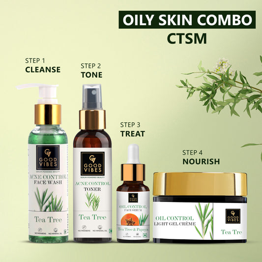 Good Vibes Power of Tea Tree Combo | Face Wash (120 ml) + Cleansing Toner (120 ml) + Face Serum (10 ml) +  Light Gel Creme (50 gm) | Oil Control, Anti- Acne - Good Vibes