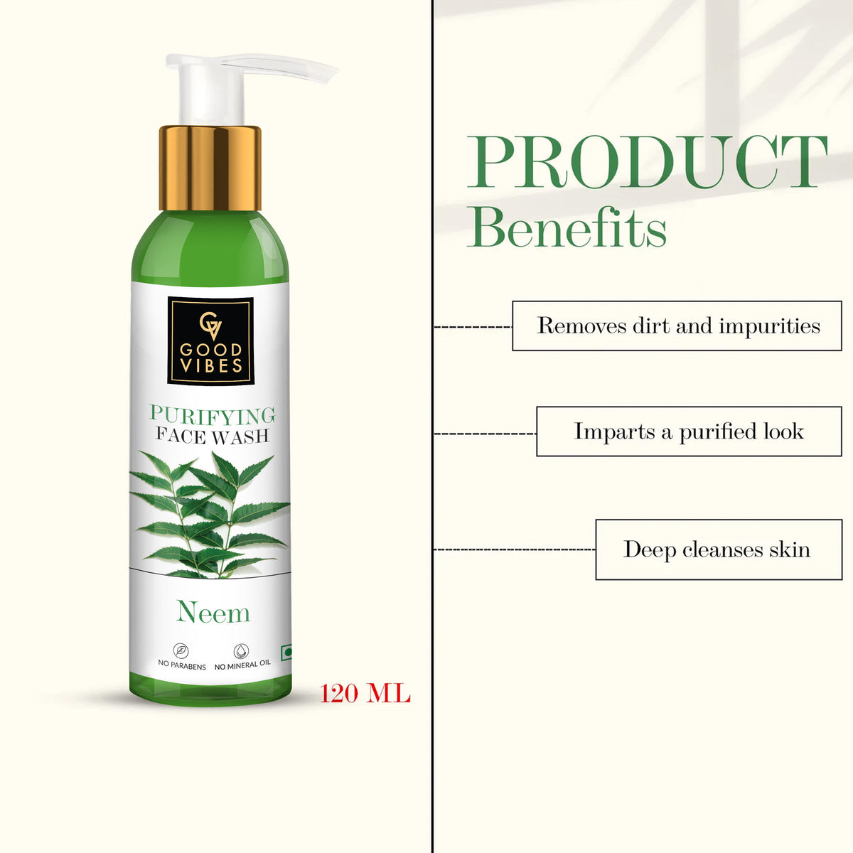 Good Vibes Neem Purifying Face Wash | Moisturizing Brightening | With Aloe Vera | Gentle Face Wash | No Parabens No Mineral Oil No Animal Testing (120 ml) - Good Vibes image 3